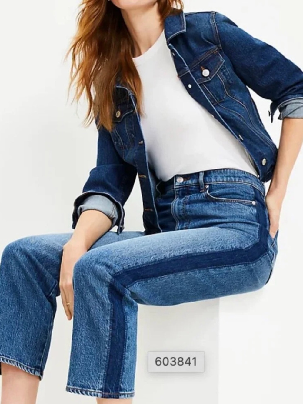 LOFT Two-Tone Blue Straight-Leg Jeans with Side Panel